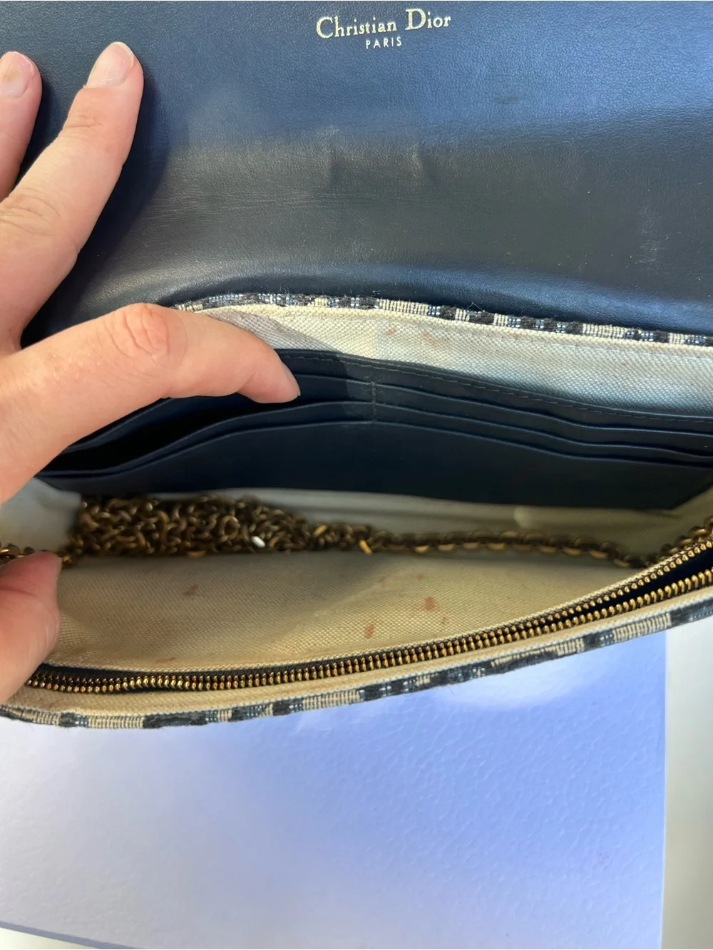 Dior Blue Navy Monogram Canvas Phone Wallet with Gold D-Ring